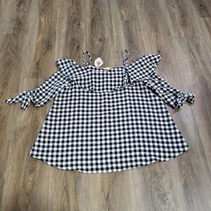 Easel Gingham Strappy Off Shoulder Ruffle Relaxed Fit Top NWT Beach Coastal